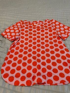 Maeve Pink Top with Bright Orange Polka Dots